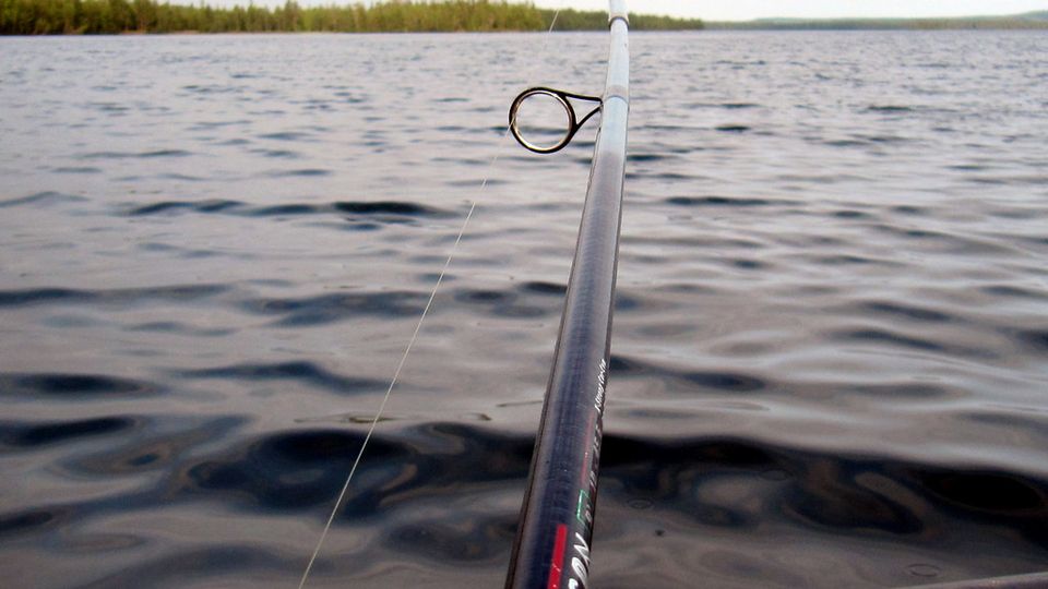 Fishing rod and line over calm water