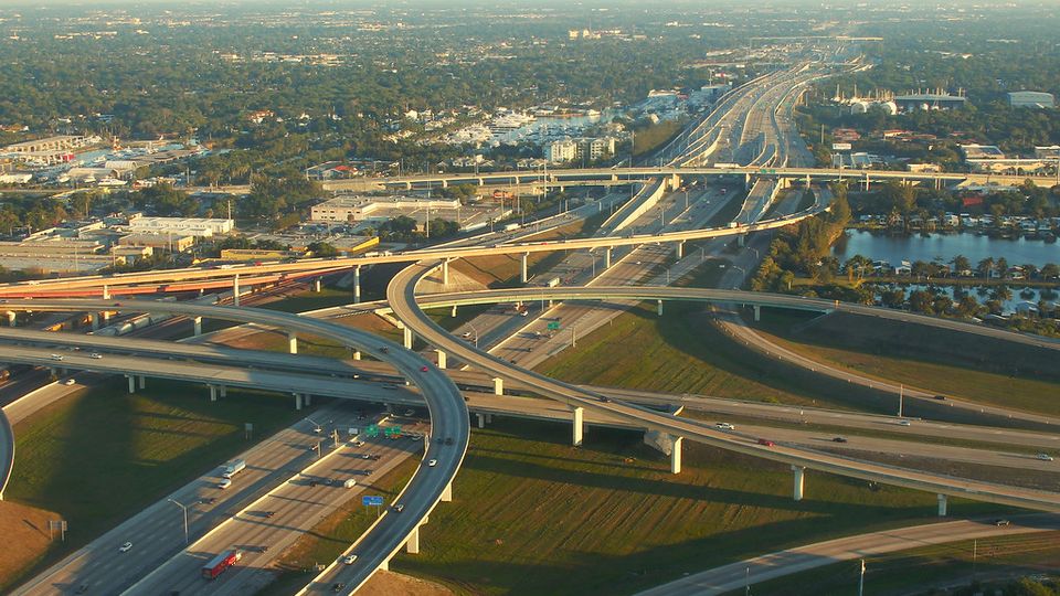 Aerial view of a multi-level highway interchange