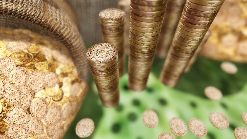 Stacks and piles of gold-coloured coins