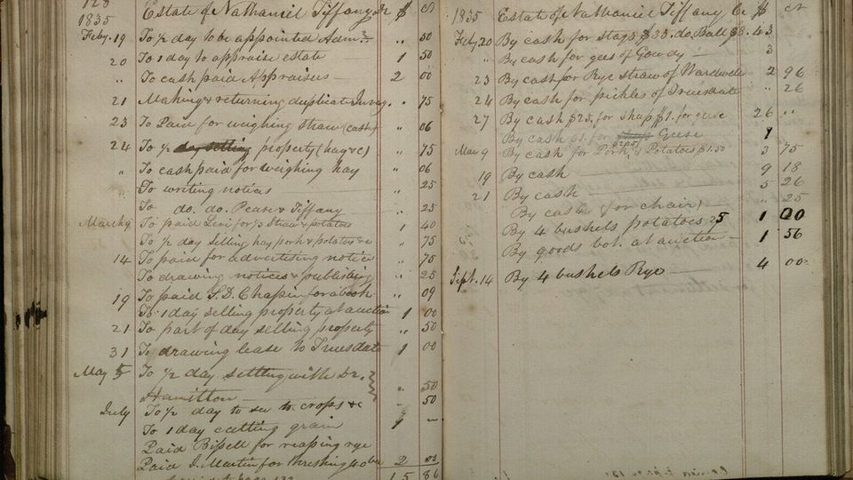 Open handwritten account book with columns of dated entries and sums