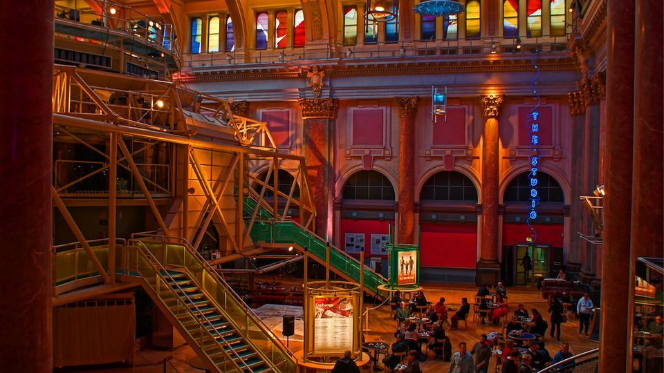 Busy trading hall of an exchange seen from the gallery