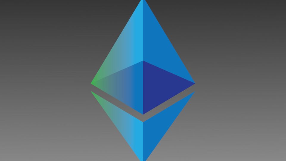 Three-dimensional rendering of the blue Ethereum diamond logo