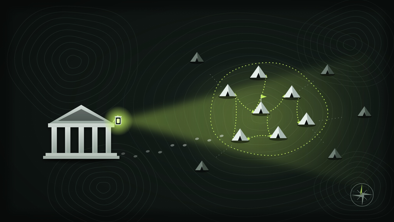 Lantern from a columned courthouse lights tents joined by trails inside a dashed loop on a dark contour map, with dim tents left outside.