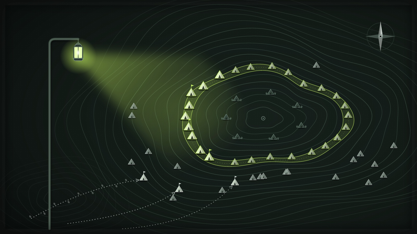 Night contour map of a hill with tents along its terraces, a lantern lighting one dense lime band of camps, frosted tents near the top and footprints arriving below.