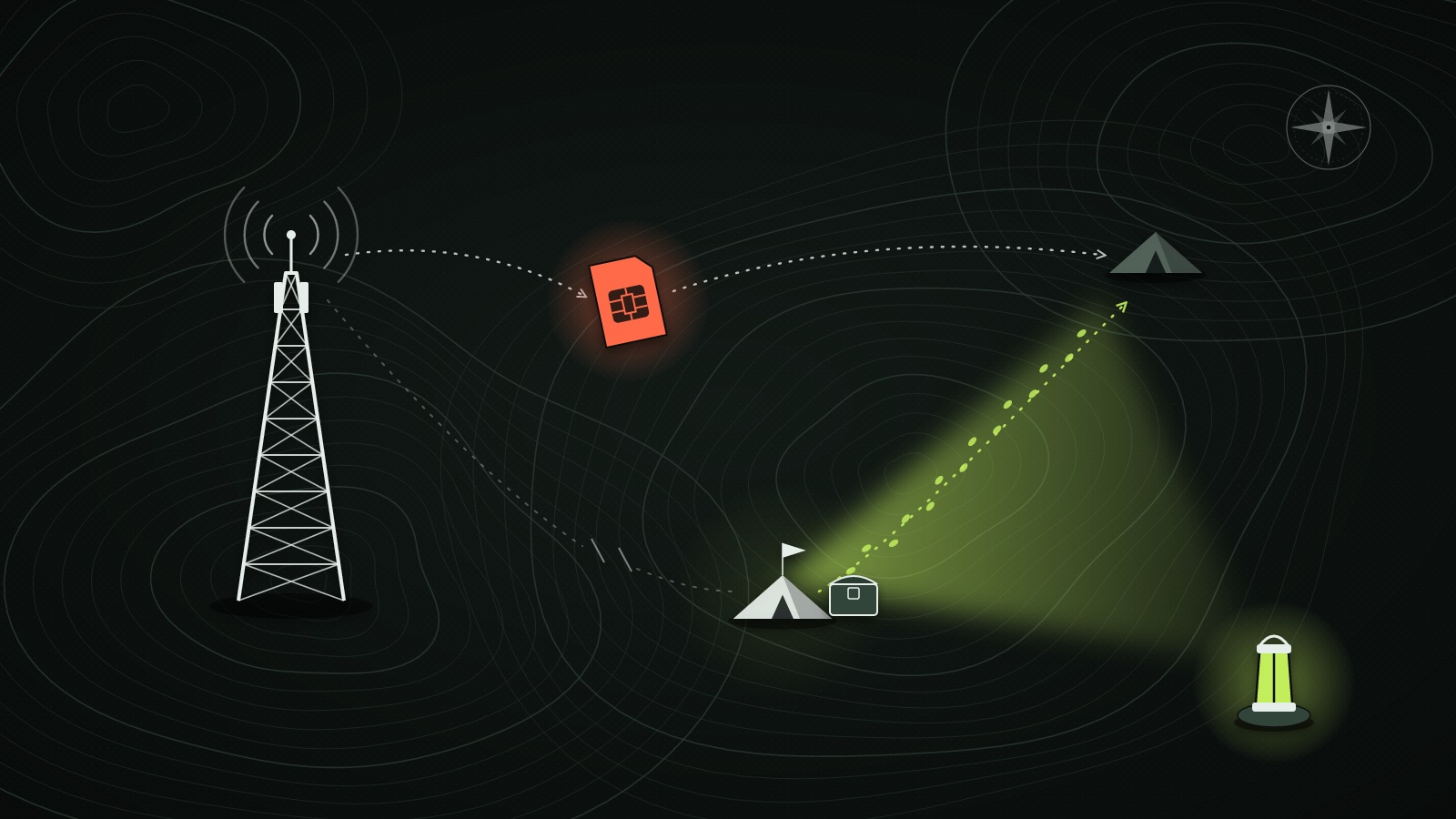 On a dark contour map, a phone mast's signal is rerouted through a red SIM card to a dim tent, while lime footprints lead from a campsite strongbox to it.