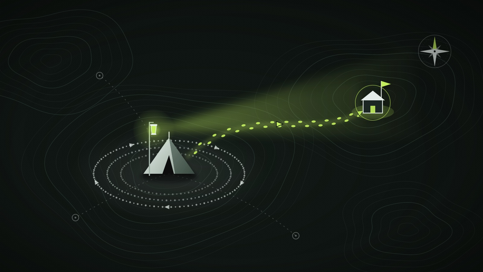 Night contour map: a tent ringed by loops of faint footprints, while a lantern beam lights one lime trail of footprints to a flagged outpost.